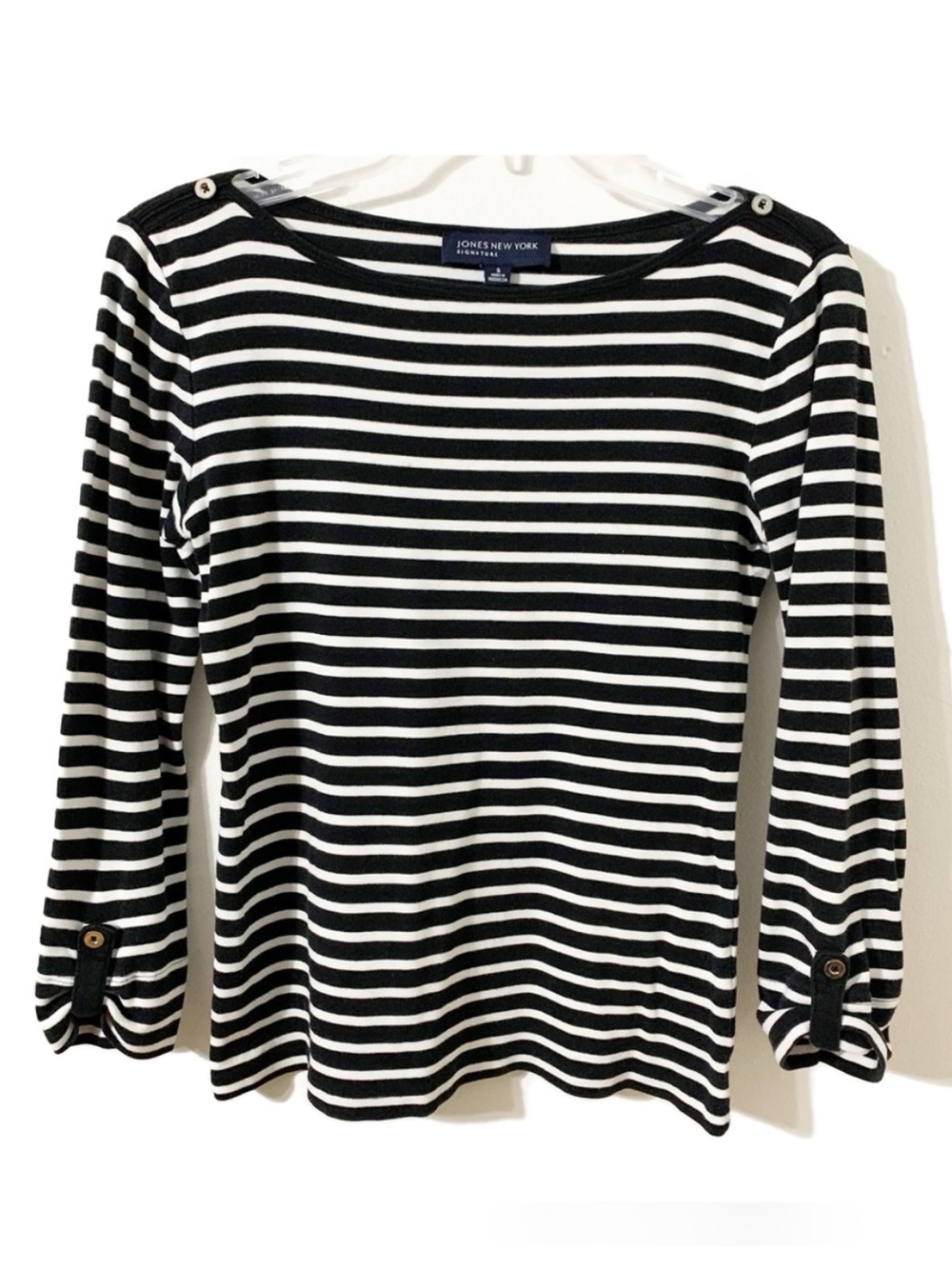 Jones New York Signature Cotton Stripe 3/4 Long Sleeve Crewneck Tee Shirt 🟦⬜️
